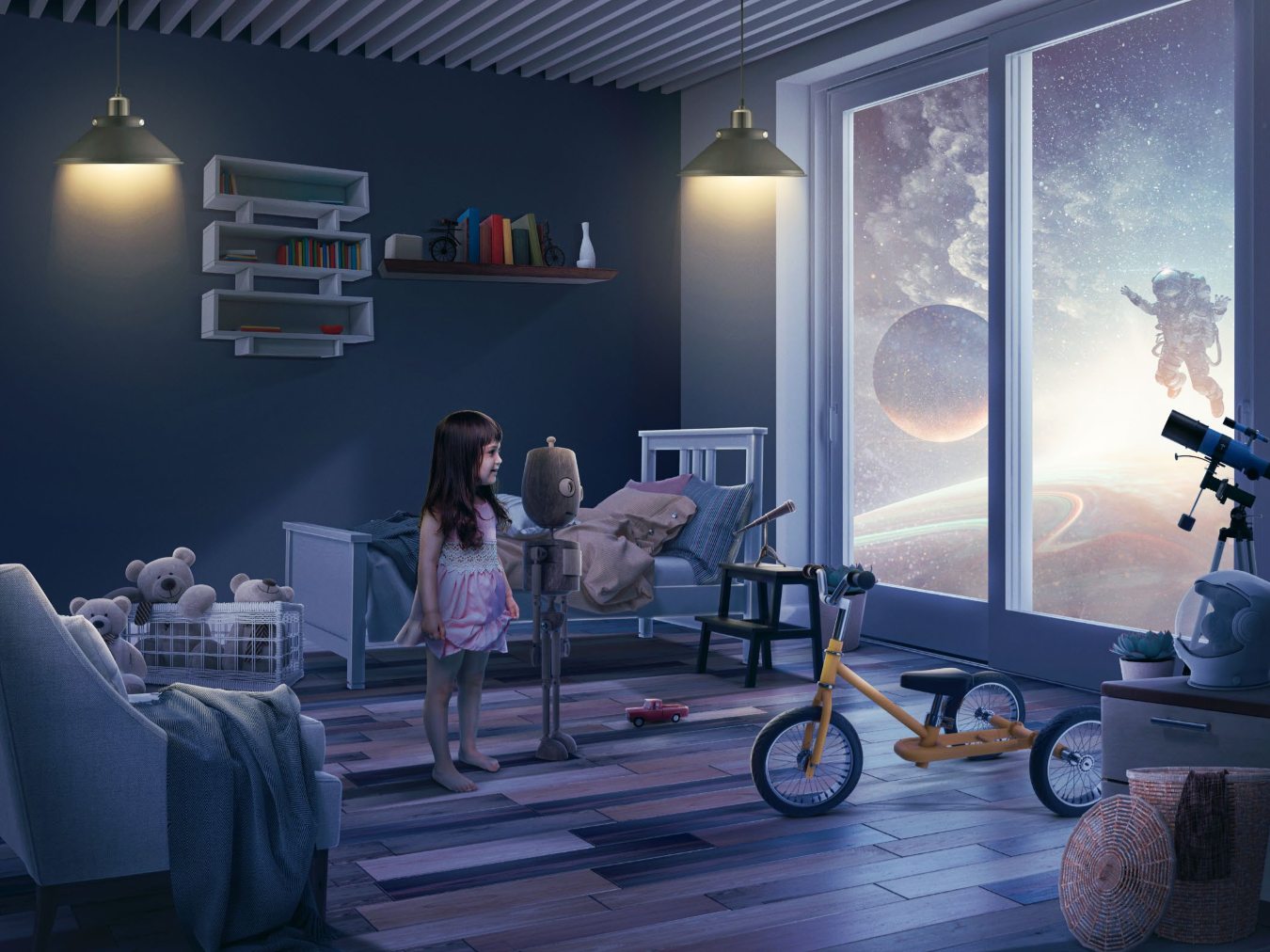 A child in a dark bedroom looking out of a window at a fantasy world