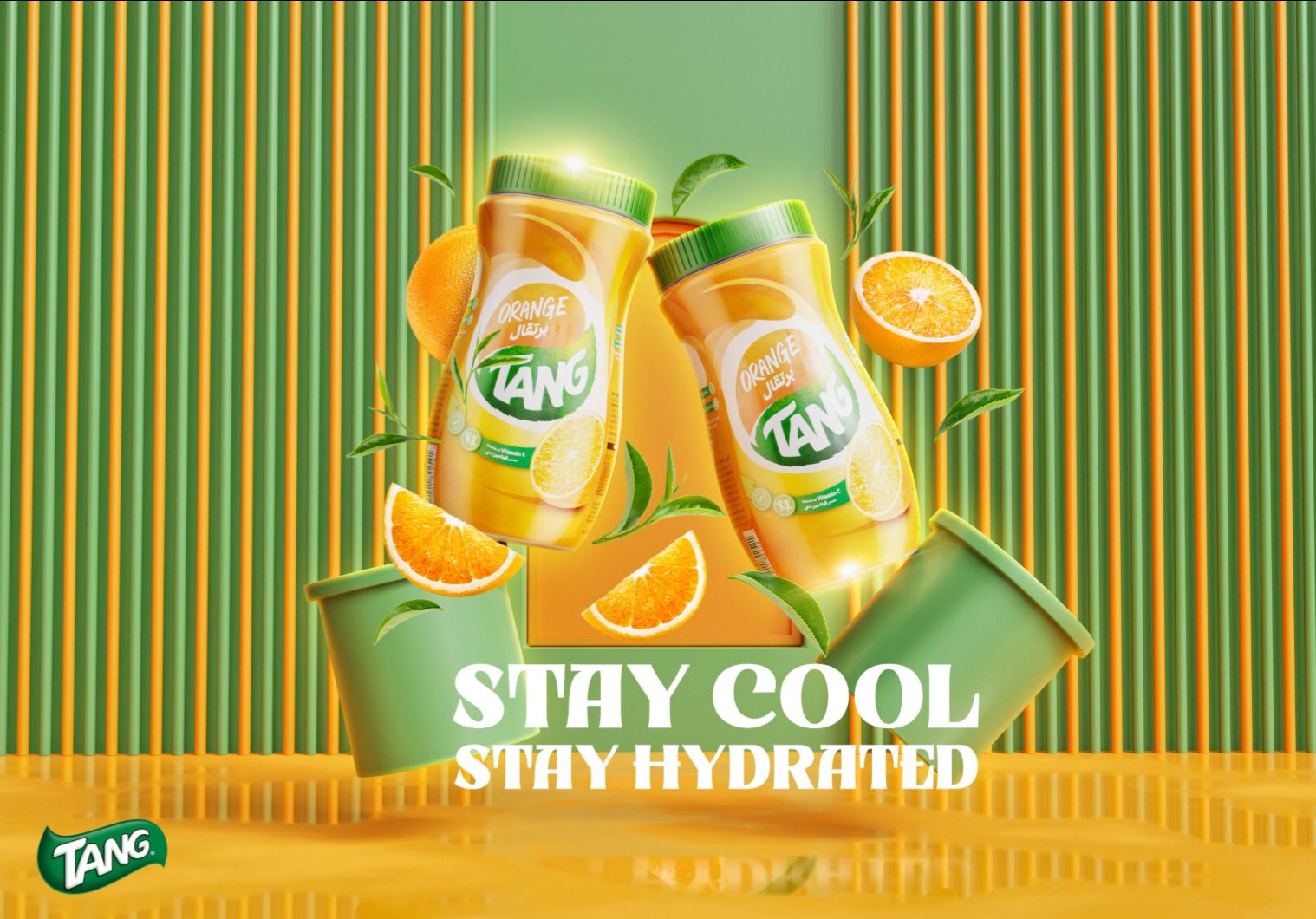 Final Tang key visual: orange Tang packs on a striped green and orange set, 'Stay cool, stay hydrated'